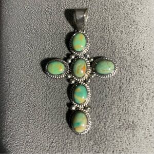 Signed PS Frank Sterling Green Turquoise Stone Cross Pendant approx 8.6g